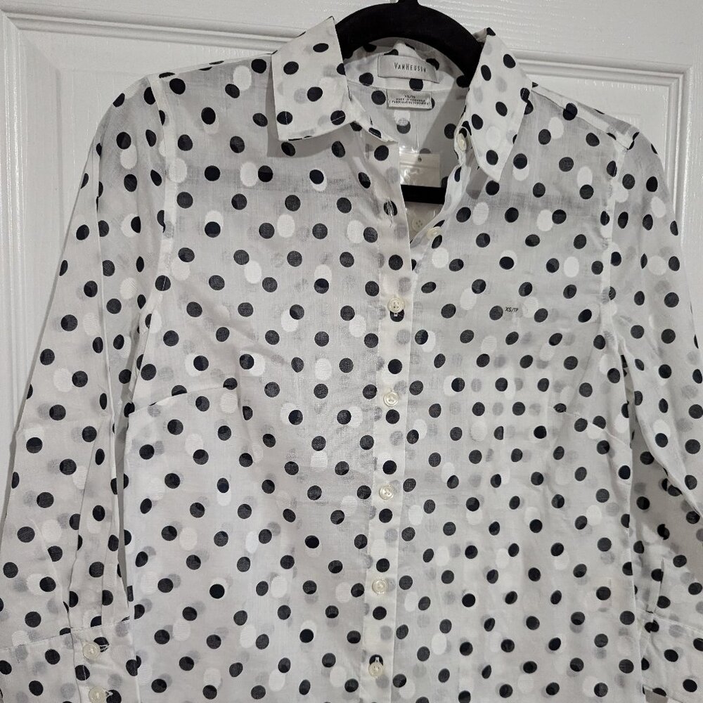 NWT Van Heusen White Black Polka Dot Long Sleeve Button Down Cotton Shirt Sz XS